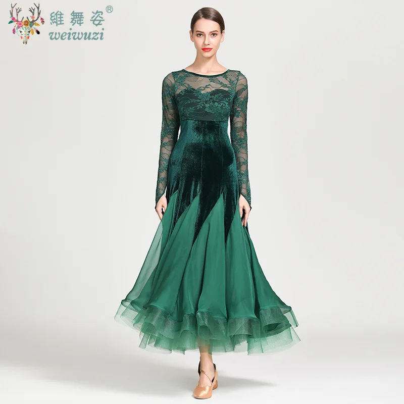 Traje de performance de dança moderna, vestido de renda de manga comprida, dança social feminina, padrão nacional, vestidos de competição de valsa