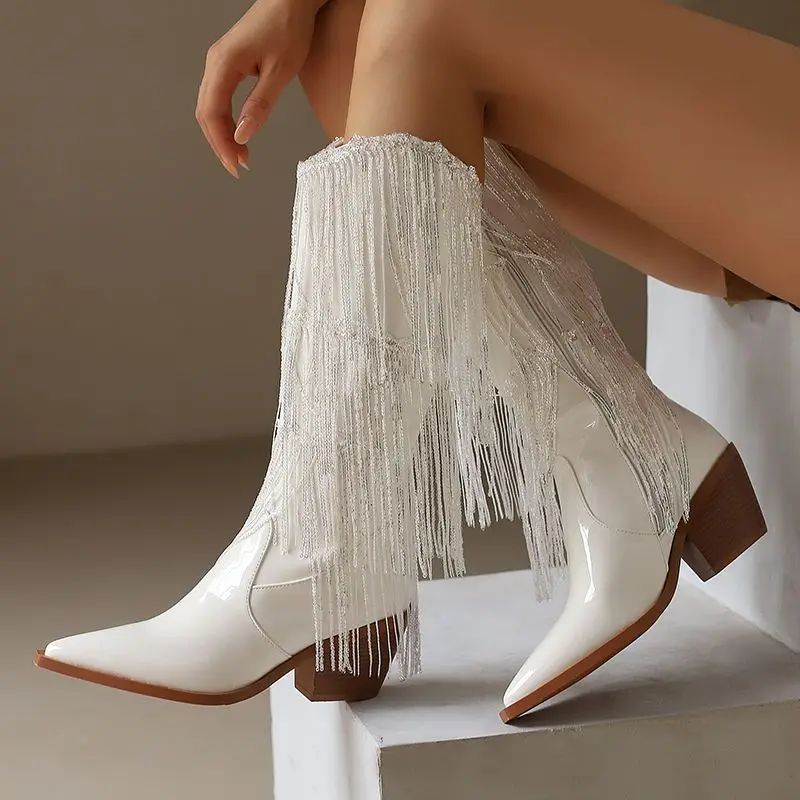 

SIMLOVEYO Women's Knee-High Booties Pointed Toe Block Heels Patent Leather Fringe Sale New Party Dance Female Big Size Platform