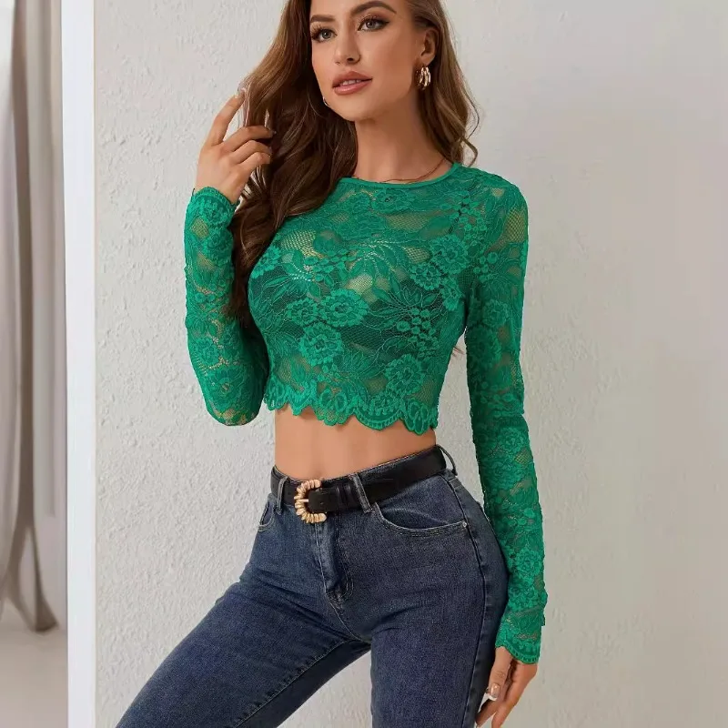 

2025 New Long Sleeve Women's T-Shirt Clothes Woman New Sexy Single-layer Lace Long-sleeved Short Pullover Slim Fit T-shirt Top
