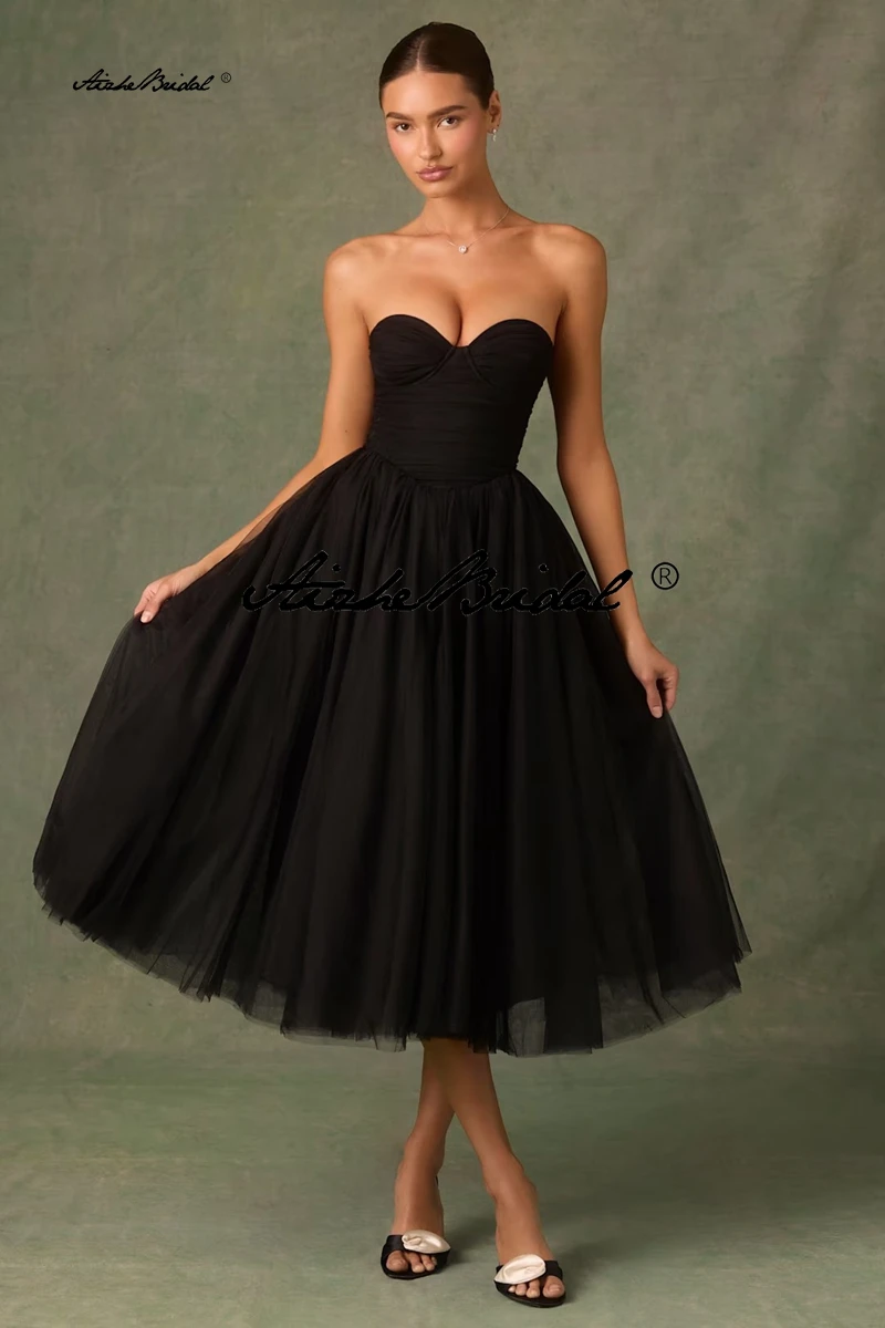 Nuevo Vestido corto negro sin mangas, vestido de tul sin tirantes, vestido de noche largo, cintura imperio hasta el tobillo