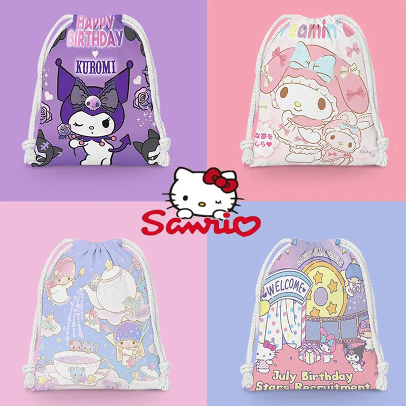 Anime Sanrio Kawaii Drawstring Storage Bag Cute Hello Kitty My Melody Kuromi Cartoon Portable Folding Pocket Gifts Sweets Pouch