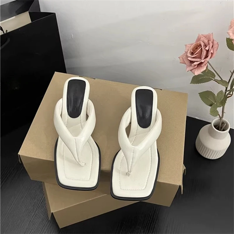 Shoes Women Summer High Heels Slippers Casual Square Toe Summer Sandals Shoes Women Open Toe Pu Leather Zapatos Mujer 39 Sizes