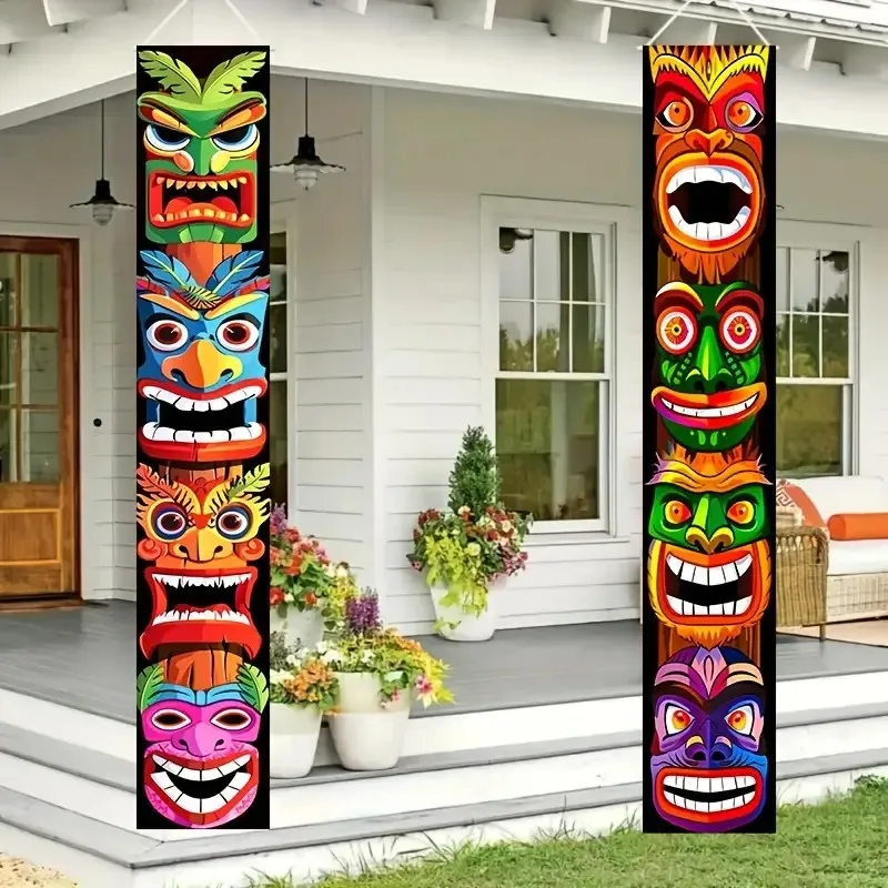 2 Stück, 2D-Türflagge, hawaiianisches Tiki-Totem-Türflaggen-Logo, Polyester Aloha Luau Tropical Mona Geburtstagsparty-Dekoration – Detail 1