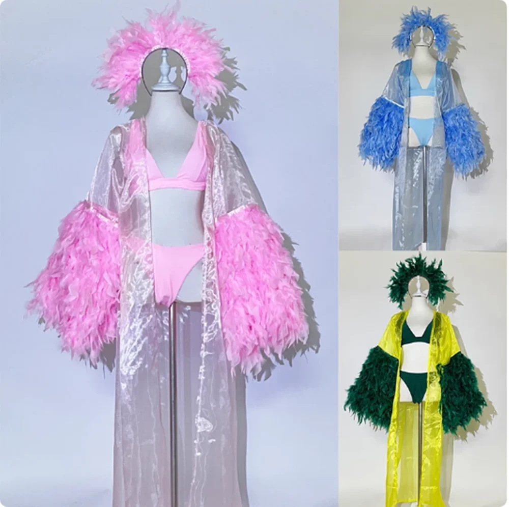 

Nightclub Bar Gogo Dancing Stage Costume Transparent Feather Coat Rave Outfit Pole Dance Bikini Carnival Clothing