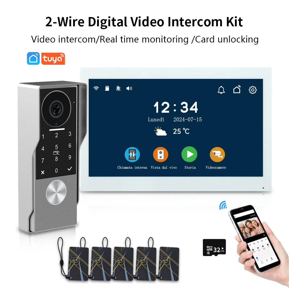 2-wire Tuya Smart Video Walkie-talkie Full Touch Screen with Infrared Night Vision Doorbell Kit