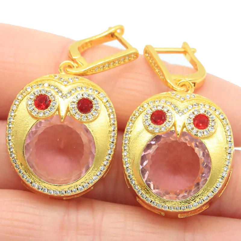

43x21mm Stunning Owl Shape Pink Kunzite Ruby CZ Females Present Gold Silver Dangle Earrings