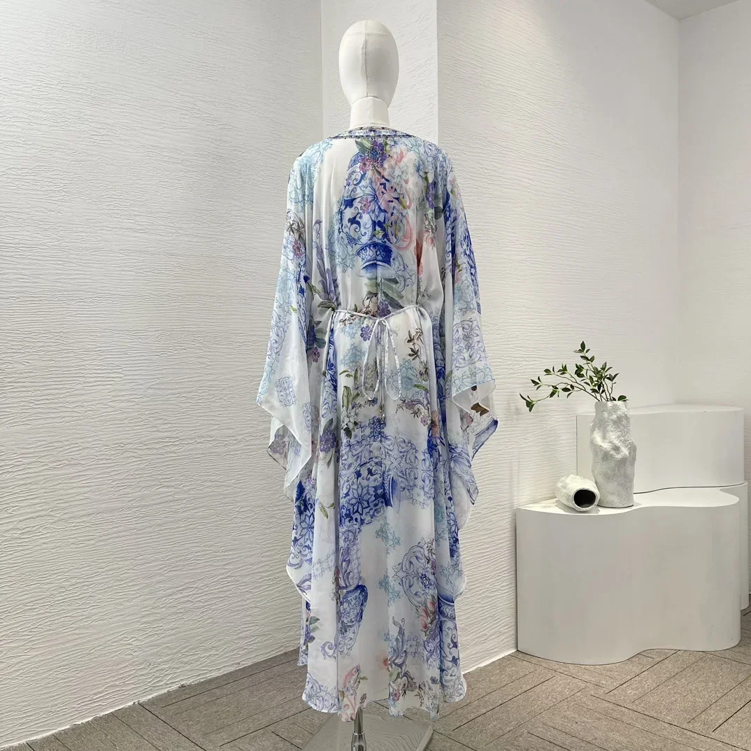 High Quality 2024 New Arrival Spring Summer Women Silk White Blue Floral Print Diamonds Pressed Long Sleeve Loose Maxi Dress