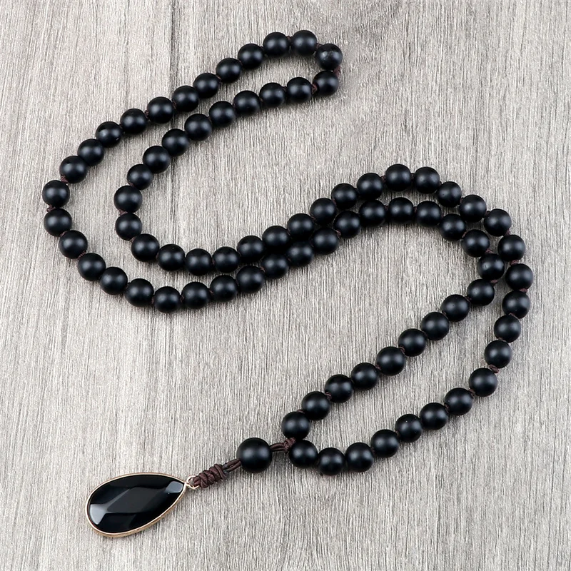 Natural Stone Pendant Necklace for Men 8mm Black Matte Beads Classic Mala Rosary Knotted Long Necklaces Charm Women Yoga Jewelry