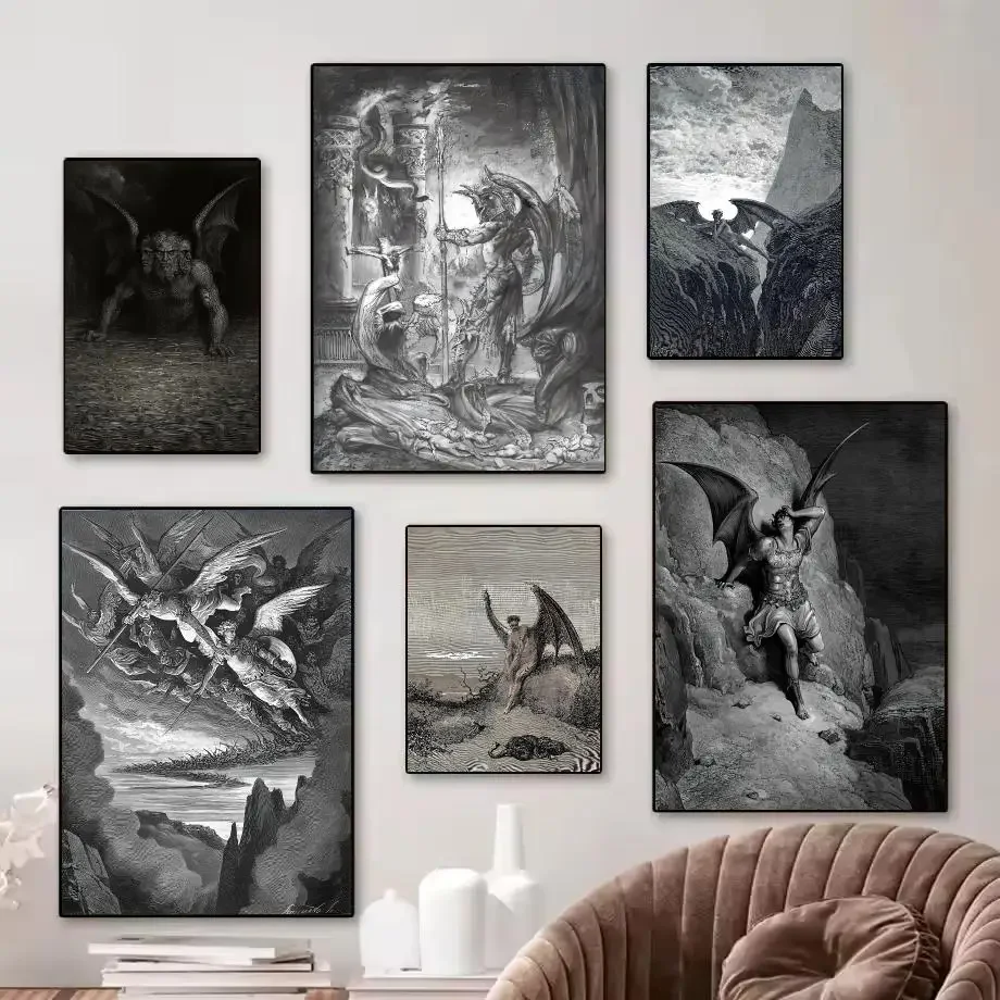 G-gustav Dore Satan Paradise Lost Monste Painting Calligraphy Pictures Room Home Bedroom Interior Wall Decora Canvas Art Mural