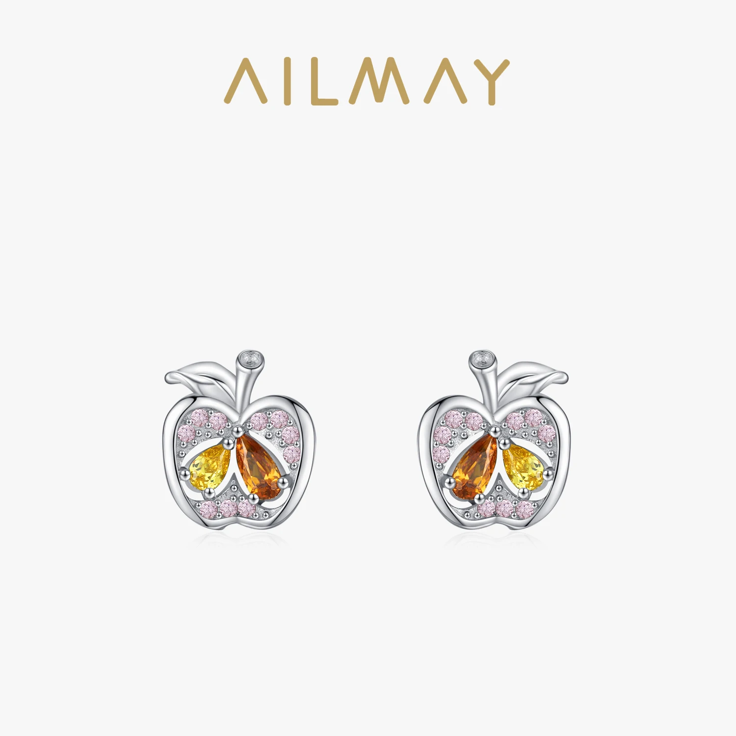 Ailmay Real 925 Sterling Silver Cute Fine Apple Rainbow Zirconia Fruit Stud Earrings For Women Girls Party Accessories Jewelry