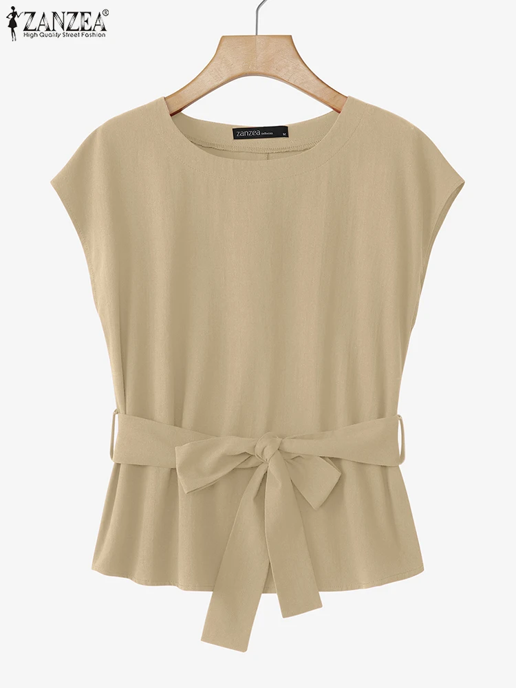 

2025 ZANZEA Women Summer Solid Color Blouses Stylish Casual O Neck Short Sleeve Work Tops Blusas Fashion Lace Up Holiday Shirt
