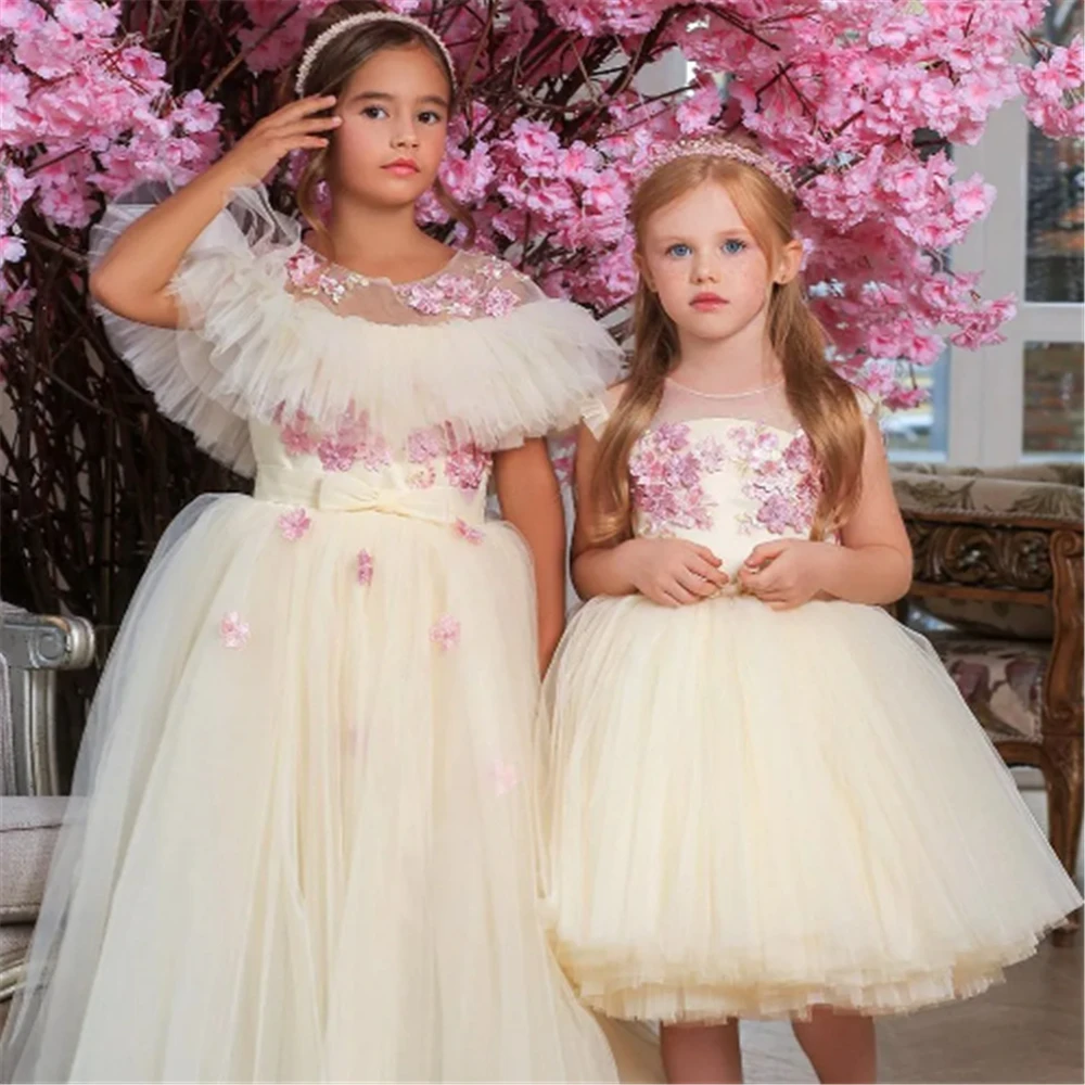 Lindo vestido de niña de flores elegante esponjoso tul encaje calcomanía pluma princesa bola vestidos de primera comunión niños regalo de cumpleaños presente