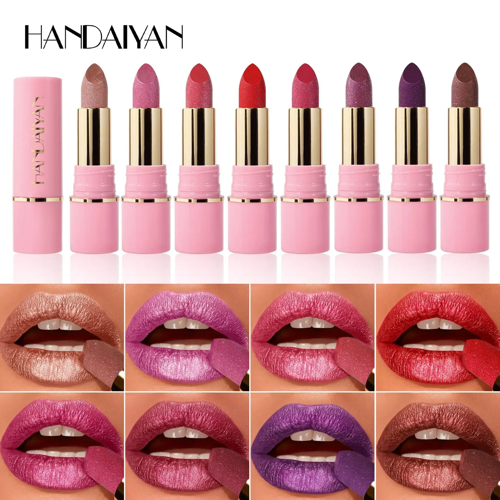 8 Colors Glitter Diamond Lipstick Long-Lasting Pink Brown Pearlescent Metallic Purple Sparkling Lipstick Makeup Cosmetic