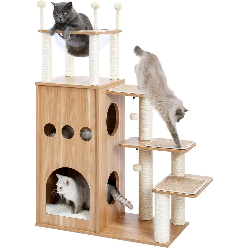 Made4Pets Modern Cat Tree for Large Cat, Wood Cat Tower Heavy Duty with Scratch Post for Indoor Big Cats, 51