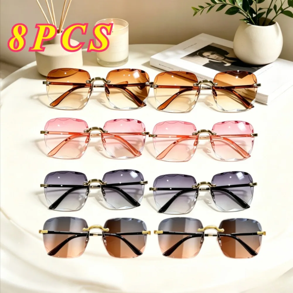 8Pcs Set Rimless Polygon Sunglasses, Unisex Gold Metal Frame Fashion Eyewear, Assorted Multi Color Tinted Lens with Scallop Edge, Christmas Gift Trendy Decorative Glasses for Men Women Party Daily Matching