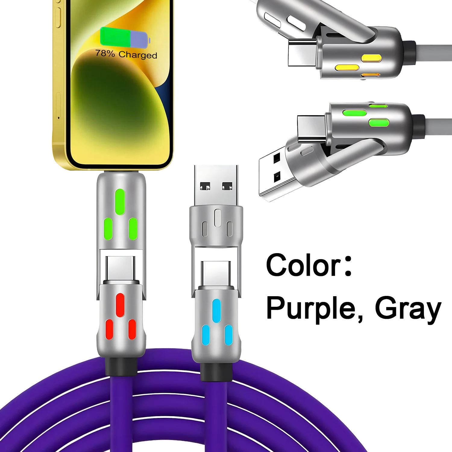 USB-C de aleación de Zinc 4 en 1, Cable de carga rápida de 240w para iPhone, Cable Usb tipo C con luz RGB para iPhone, Xiaomi, Samsung, Oneplus