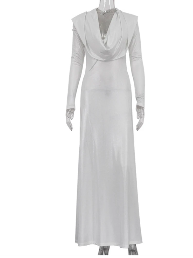 Modisches schlankes weißes gestricktes Damenkleid 2025, figurbetontes Kleid mit Kapuze und langen Ärmeln, elegante klassische Partykleider für Damen