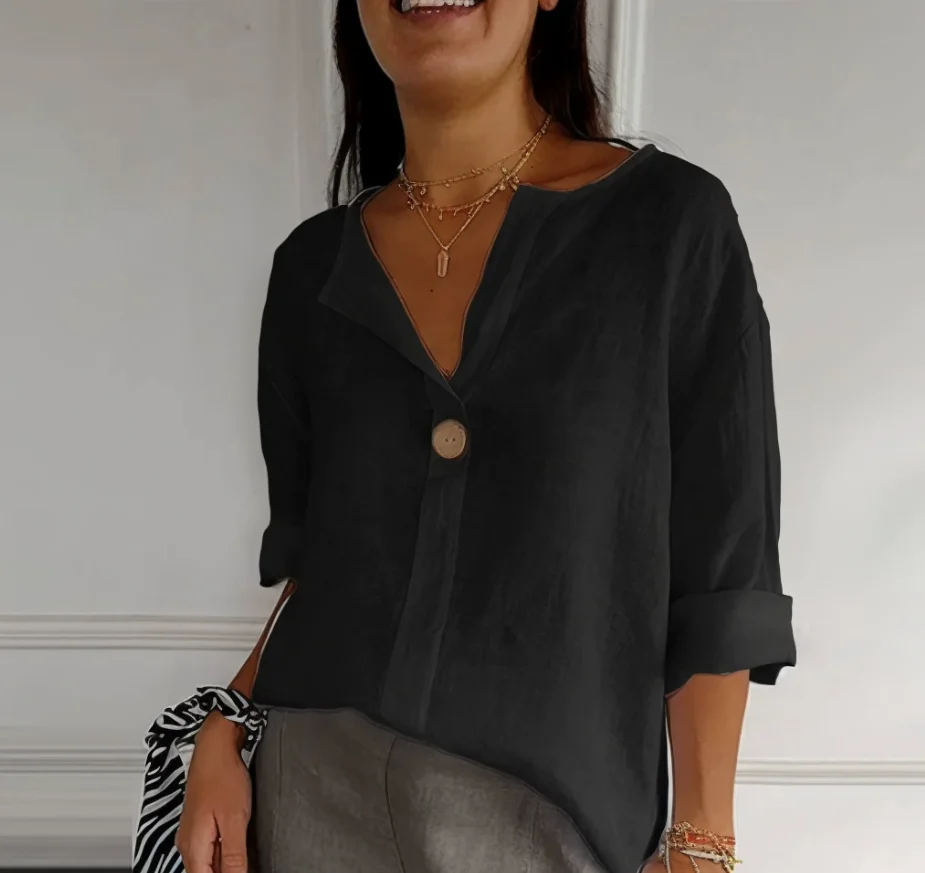 Plus Size Women's V-Neck Cotton Linen Button Top Loose Shirt Casual Shirt&Blouses Solid Fashion Elegant Office Womens Clothing view 4