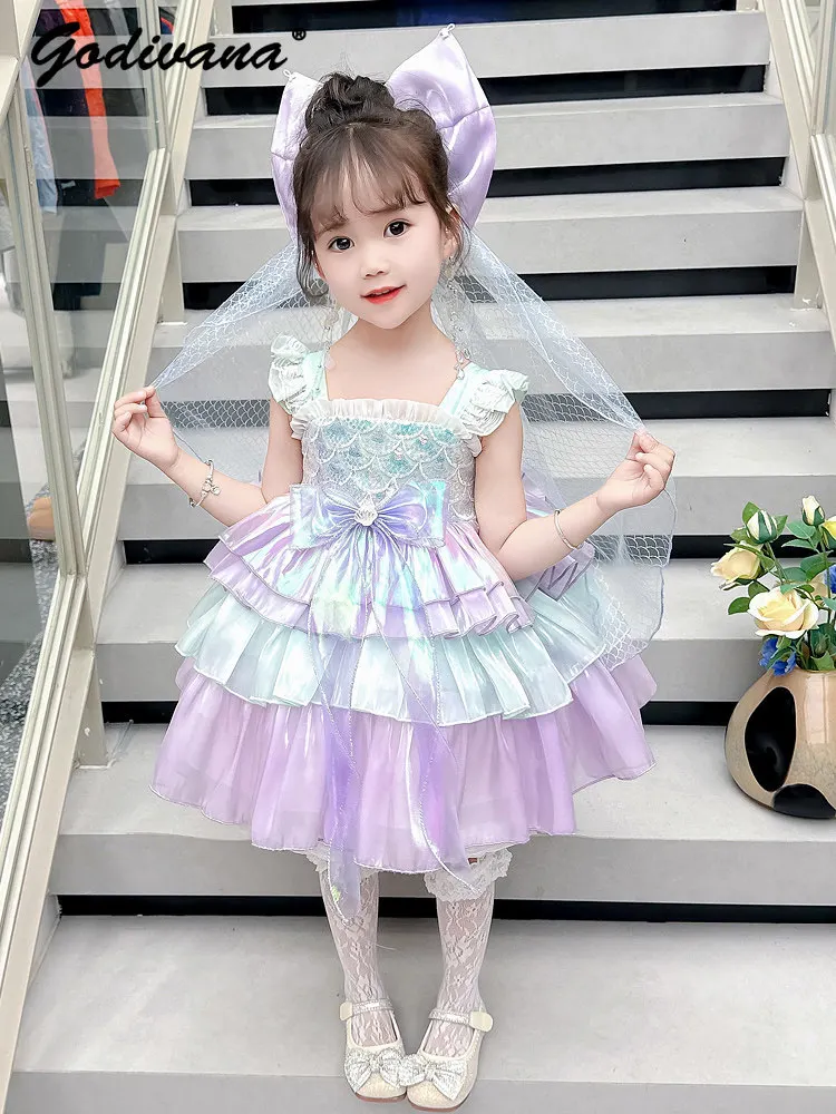 Sweet Baby Girls Mermaid Princess Lolita Suspender Tutu Dress Kids Summer New Sequin Tulle Bow Birthday Party Cake Ball Gown
