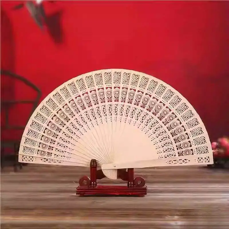 

High-End 7-Inch 8-Inch Sandalwood Fan Carved Wooden Dance Fan Fragrant Wood Hollow out Design Premium Quality Home Living Fan