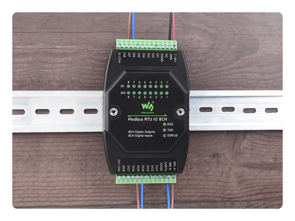 Waveshare Industrial 8-Ch Digital Input & Output Module, DC 7~36V Wide Voltage Power Supply, Modbus RTU Protocol, Rail-Mount