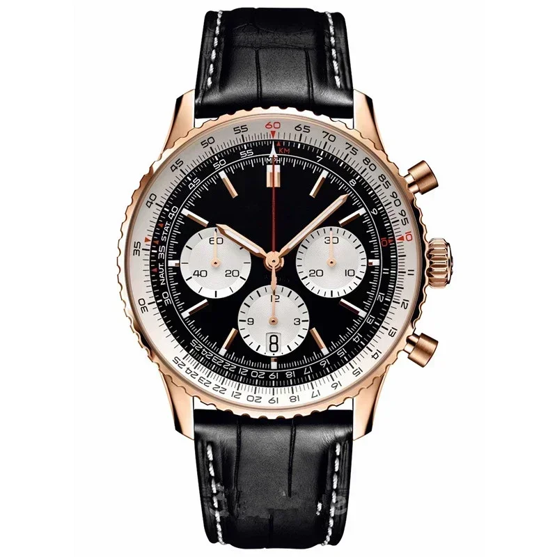 أزياء Higu جودة 46mm أسود أزرق جلدية ووتش الرجال كوارتز كرونوغراف ساعات الطيران B01 تاريخ الفولاذ المقاوم للصدأ