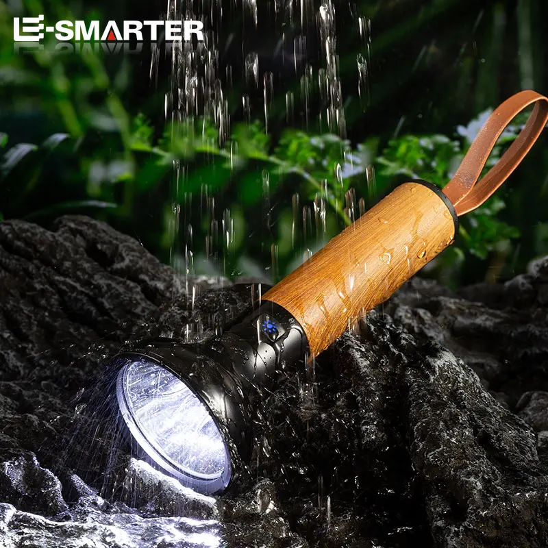Powerful LED Strong Light Flashlight Aluminium Alloy Torch Imitation Wood Grain Built-in Battery Outdoor Waterproof Camping Lamp