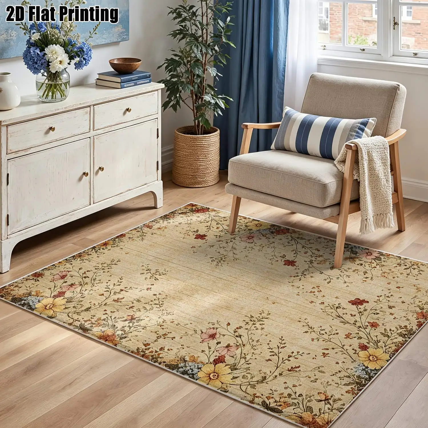 1Pc 2D Printed Retro Yellow Pink Floral Velvet Carpet, Machine Washable Multi-Size Home Decor Rug for Entrance, Dining, Bedroom, Living Room