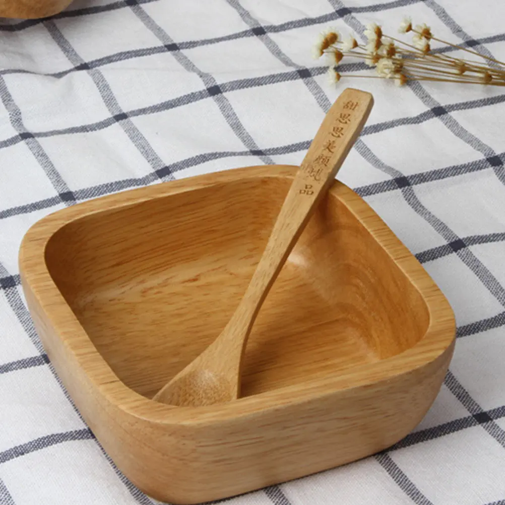 

Square Wooden Bowl 6.7 Inch Food Serving Tray For Salad Fruit Dessert Snacks Storage Kitchen Barware Set
