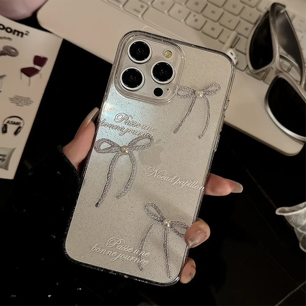 Luxuriöse süße 3D-Perlen-Schleife, glitzernde weiche Handyhülle für iPhone 16, 15, 14, 13, 12, 11 Pro Max, transparente, stoßfeste Schutzhülle