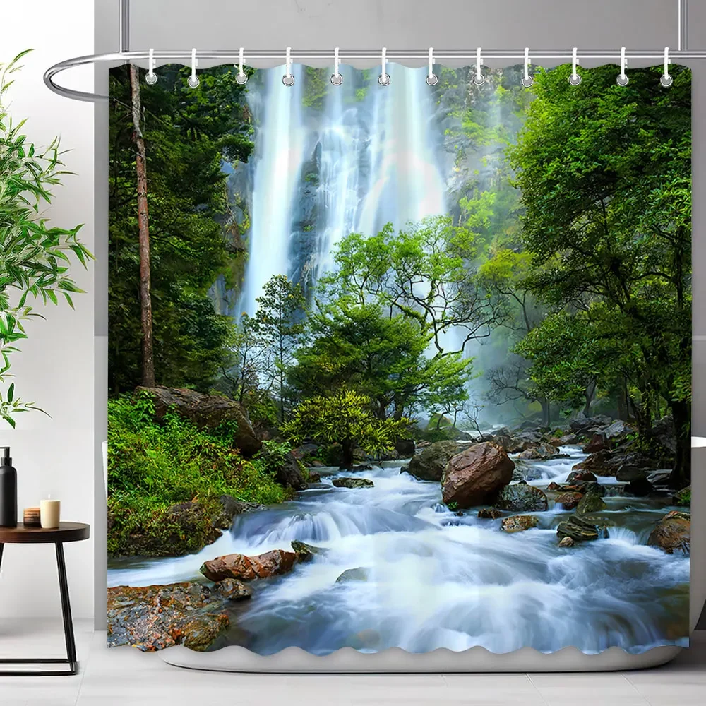 Tropical Jungle Shower Curtain Rainforest Plant Waterfall Spring Flowers Forest Nature Landscape Fabric Bathroom Curtains Decor