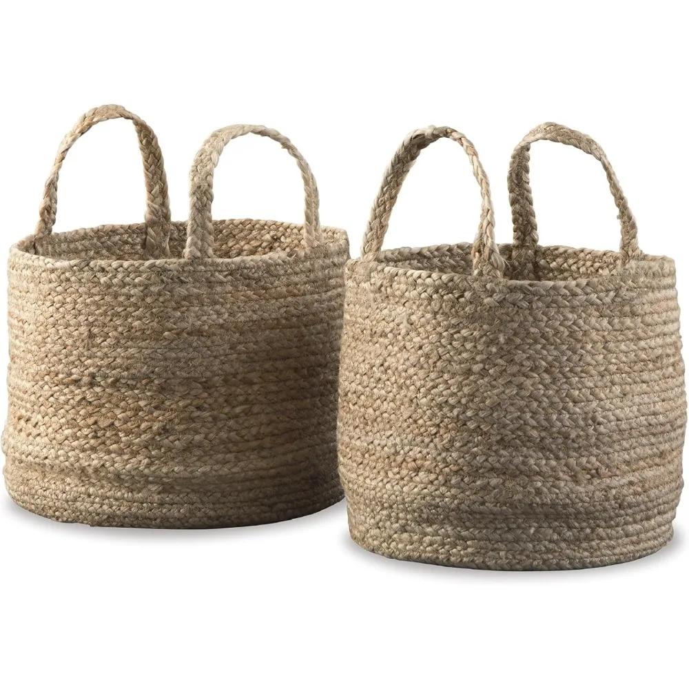 

Braided Jute Basket Set with Handles, Large 14x14x11in and Medium 12x12x10in, Light Brown Storage Decor