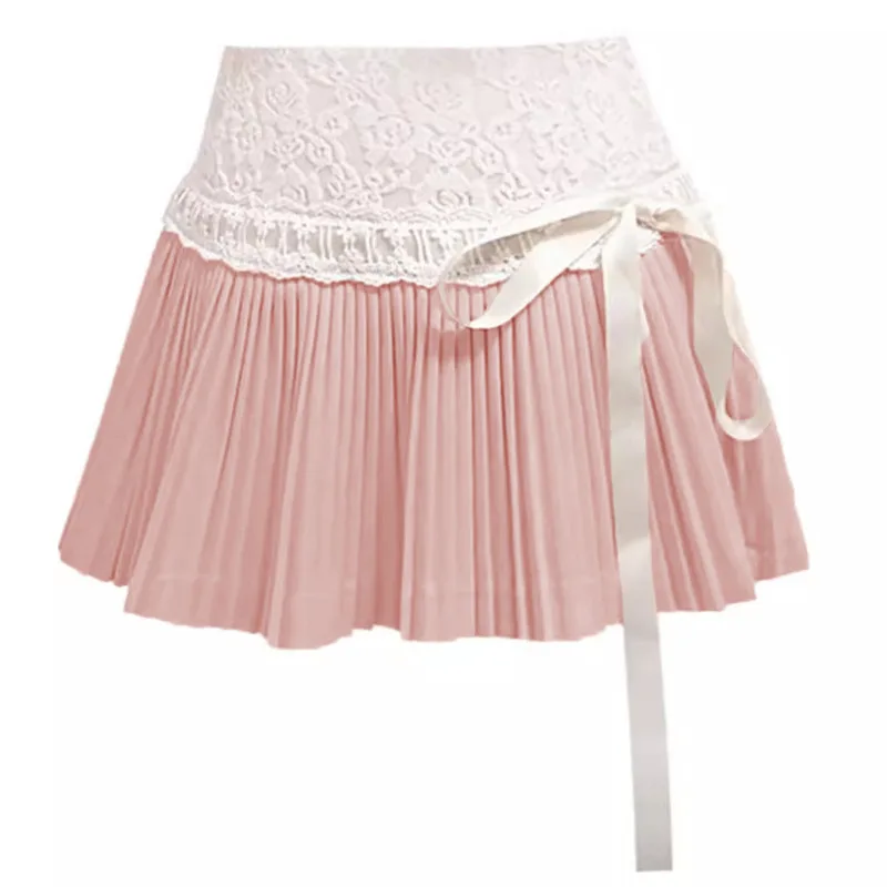 Lace Pleated Lolita Style Pink Skirts Girls Bows Bandage Sexy A-line Short Skirts Patchwork Ruffle Kawaii Y2k Skirts For Women