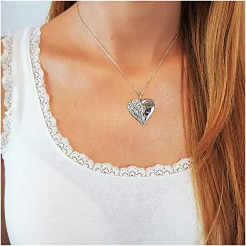 Fashion Angel Wing Heart Pendant Necklace, Stainless Steel Guardian Angel Charm Necklace, Dainty Simple Minimalist Necklace