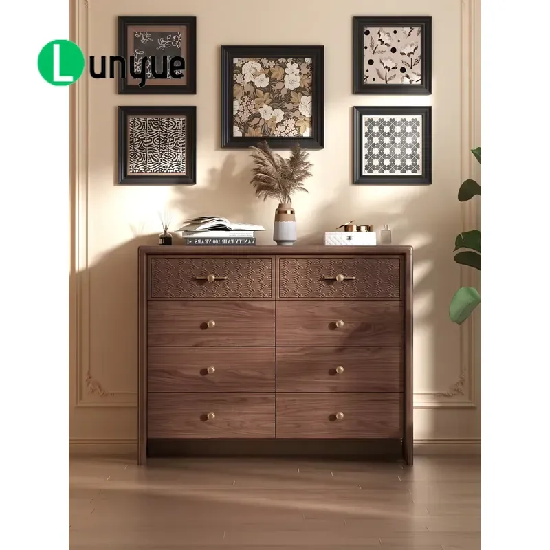 Solid Wood Drawer Cabinet New Chinese Style Rubber Wood Frame Ecological Board Large Capacity Storage Locker with Silent