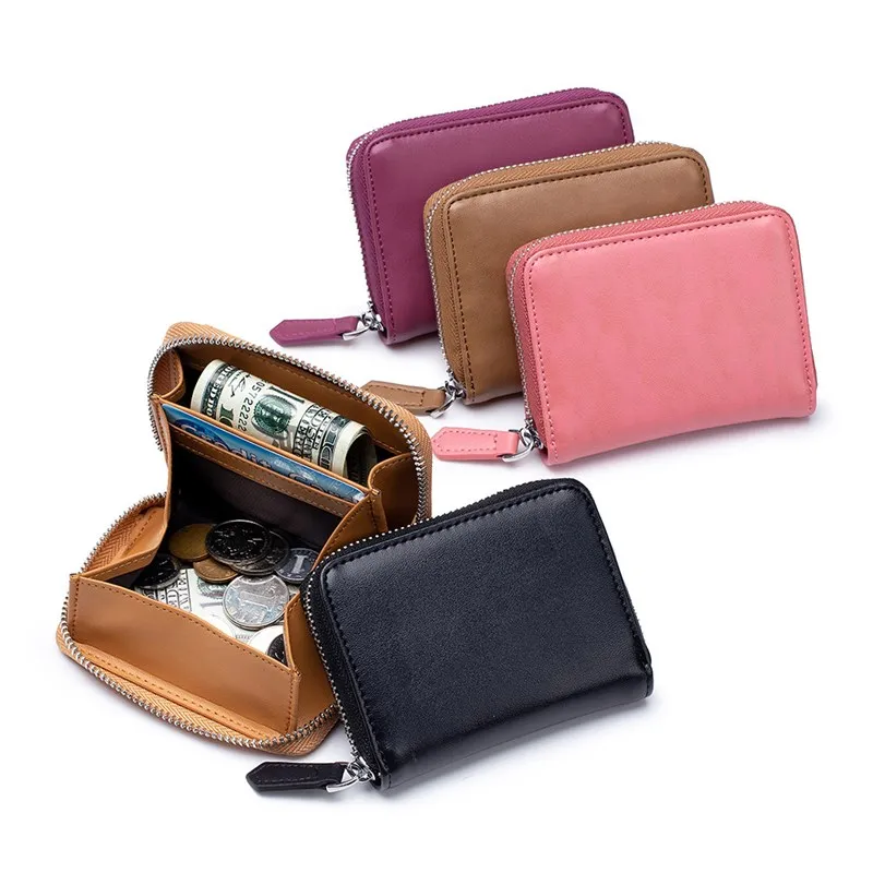 

New Genuine Leather Coin Purse Men Small Pocket RFID Blocking Business Card Holder Mini Women Elegant Wallet Zipper Clutch Bag