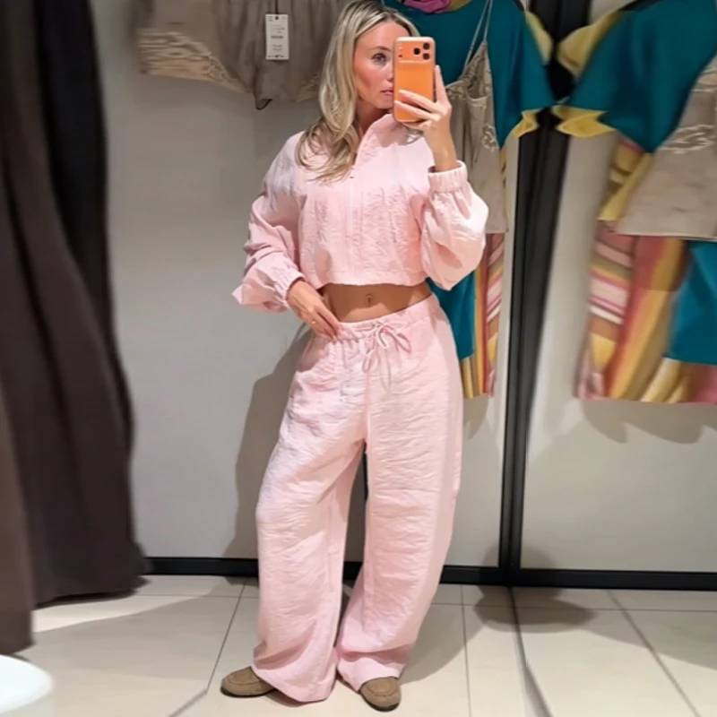 HXAO Übergroße Hosen-Sets Sommer Damenanzug Crop Loose Langarm-Oberteil 2-teiliges Set Weite Schnürhose Urlaubsoutfit Damen – Detail 11