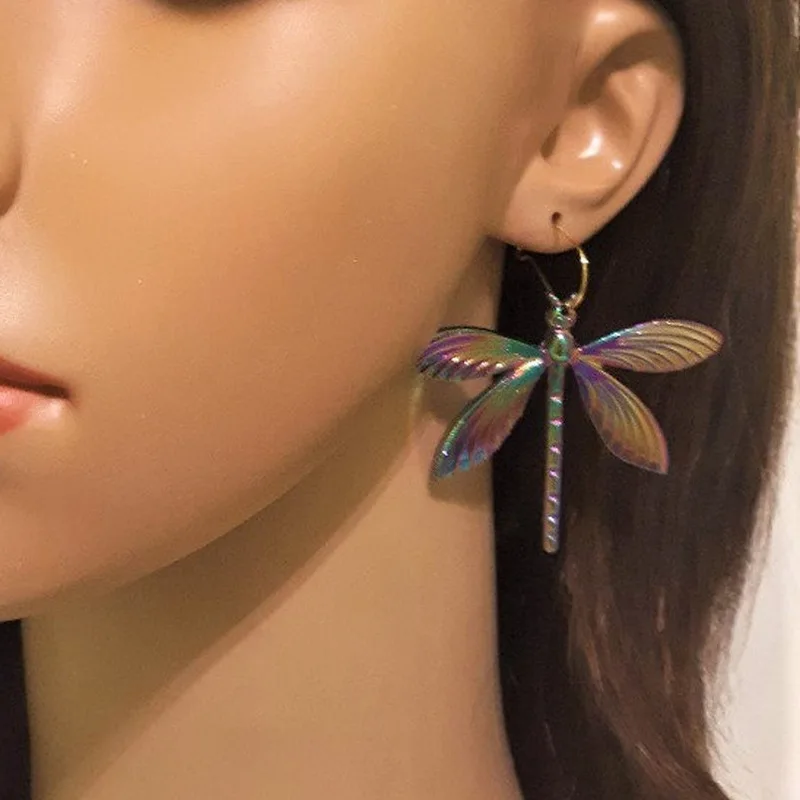 Vintage Geometrie Kleurrijke Metal Dragonfly Oorbellen Eenvoudige Haak Animal Dangle Oorbellen Voor Vrouwen Meisje Sieraden Accessoires Aretes