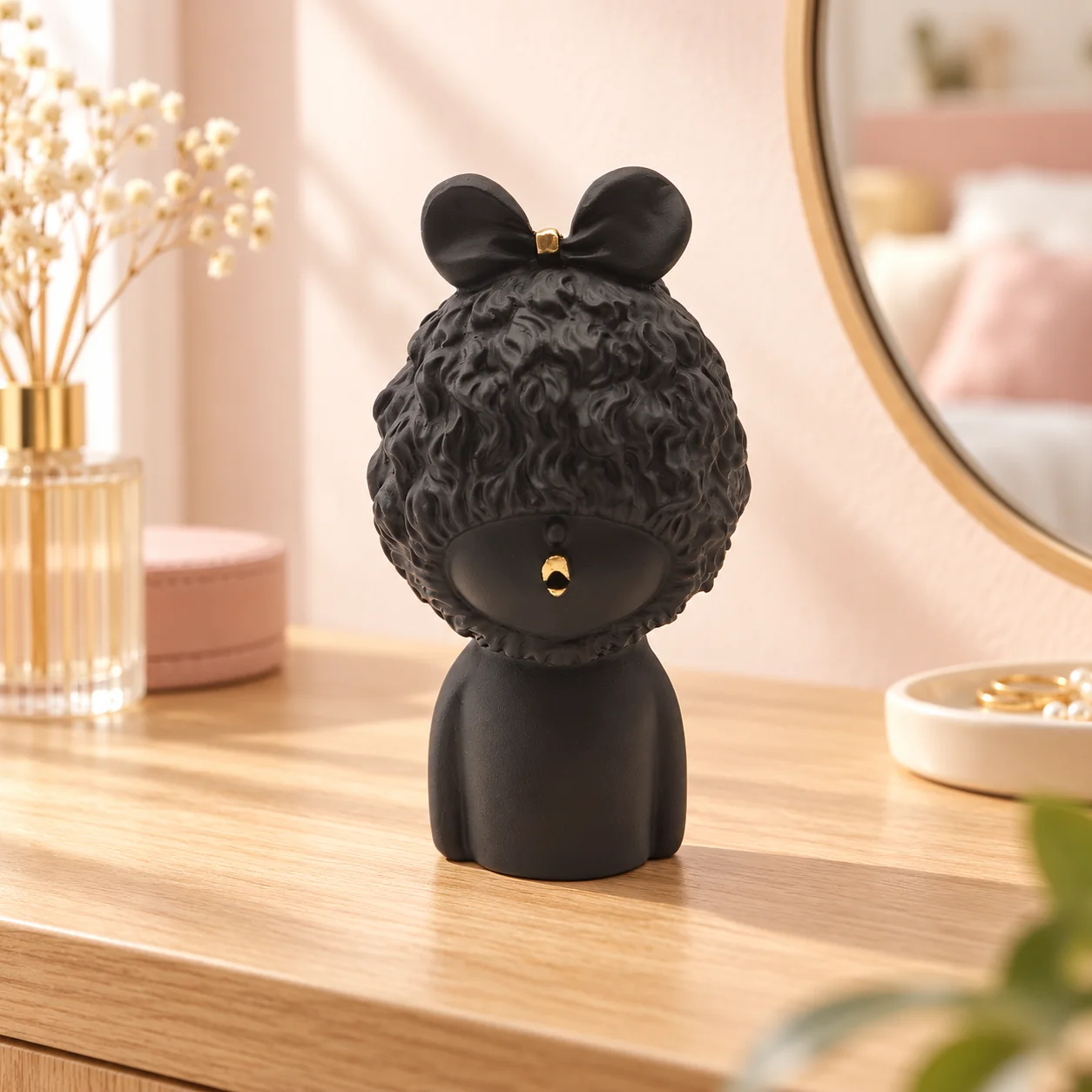 Curly Hair Girl Resin Figurine with Bow Black White Pout Mouth Home Decor for Bedroom Vanity Desk Shelf Living Room