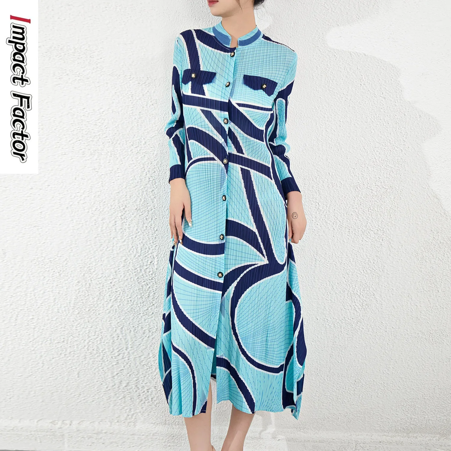 

Printed Long Sleeved Dress with Pleats, New Vintage High-end Fashion, Westernized Style, Single Breasted Mid Length Skirt