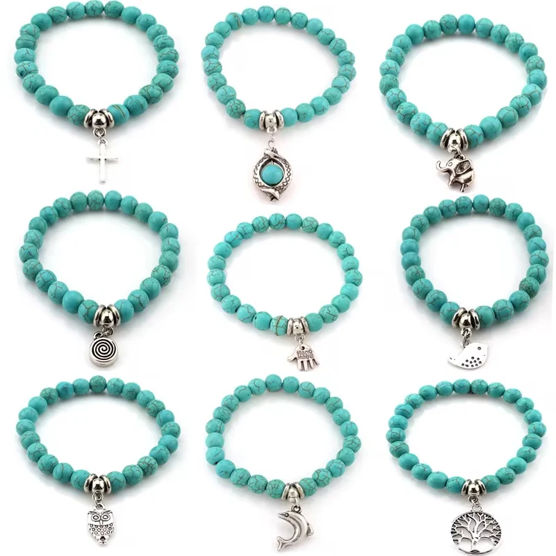 FTCY Women Bohemian Beaded Bracelet Fashion Turquoise Natural Stone Anti-Stress Yoga Geometric Pendant Elastic Cord Hand Chains