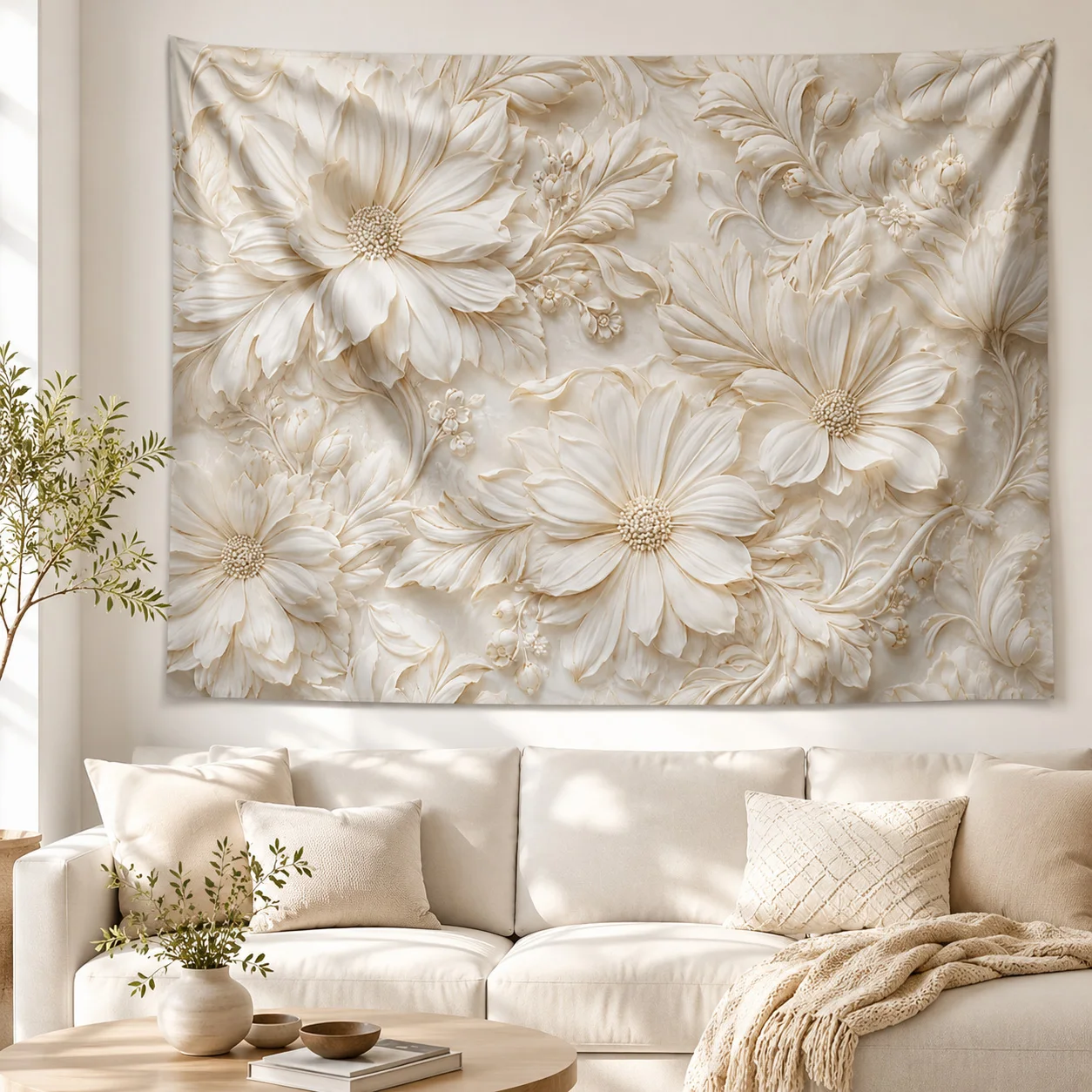 Cream Floral Tapestry Wall Hanging White Daisy Flower Boho Wall Art for Bedroom Living Room Dorm Apartment Decor