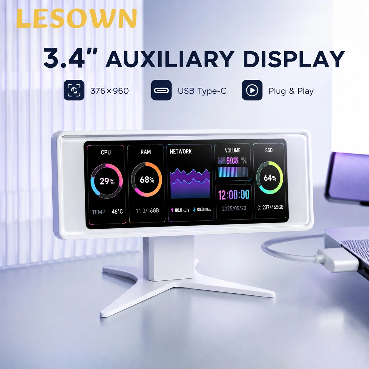 LESOWN 3.4 Inch LCD Screen CPU Temperature Monitor Panel 376x960 HD Resolution USB Mini Display Narrow Shape for PC Case Laptop