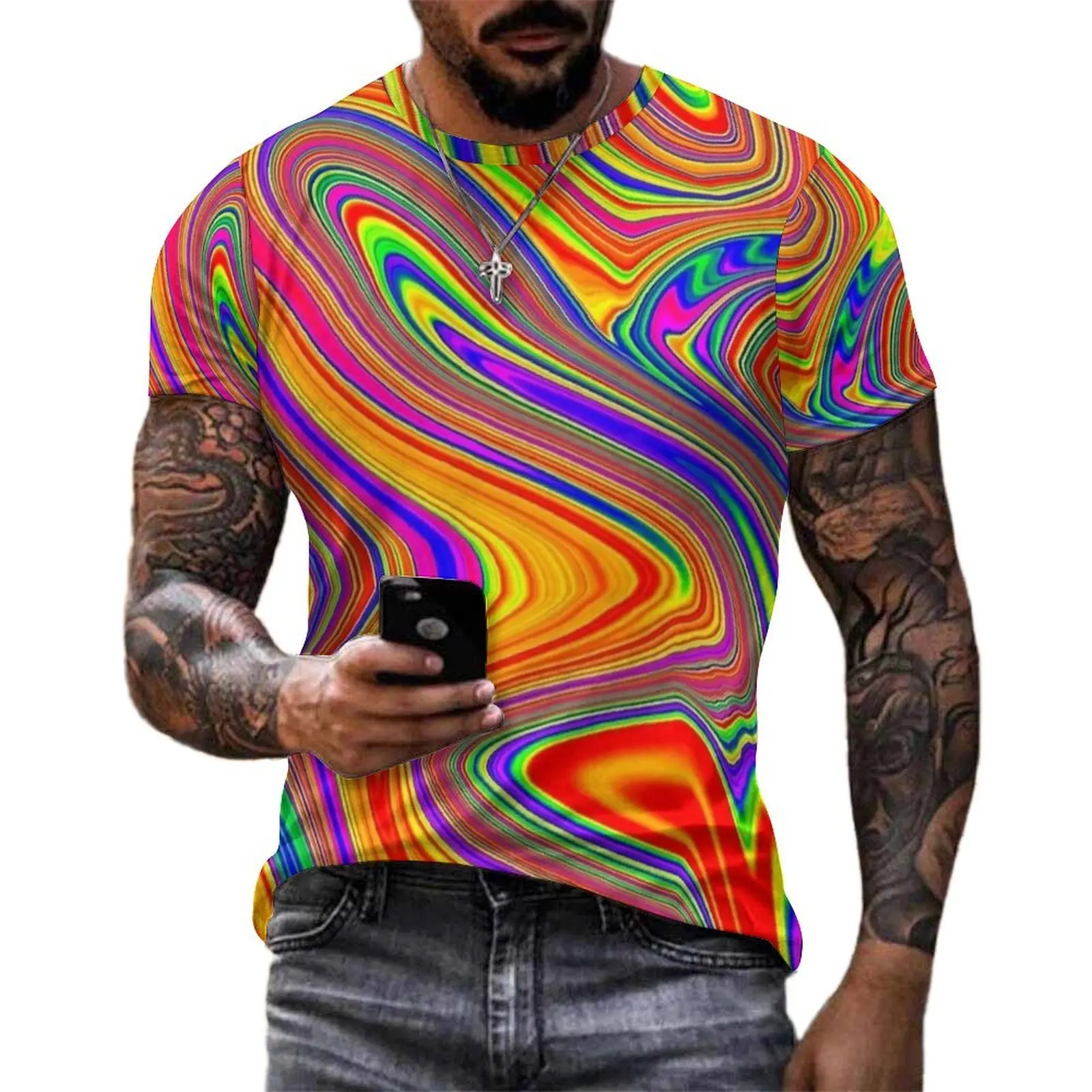 Oversized T-Shirt Beach Groovy Psychedelic Rainbow Marble T Shirts  Kawaii O-Neck Tee Shirt Mens Vintage Design Clothes