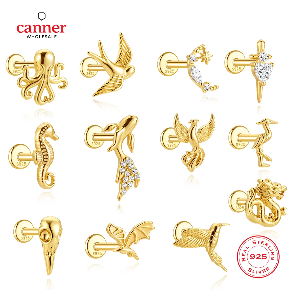 CANNER 1PC 925 Sterling Silver Cute Animal Threaded Flat Head Piercing Earring For Women Ins Minimalism Ear Bone Earring Gift