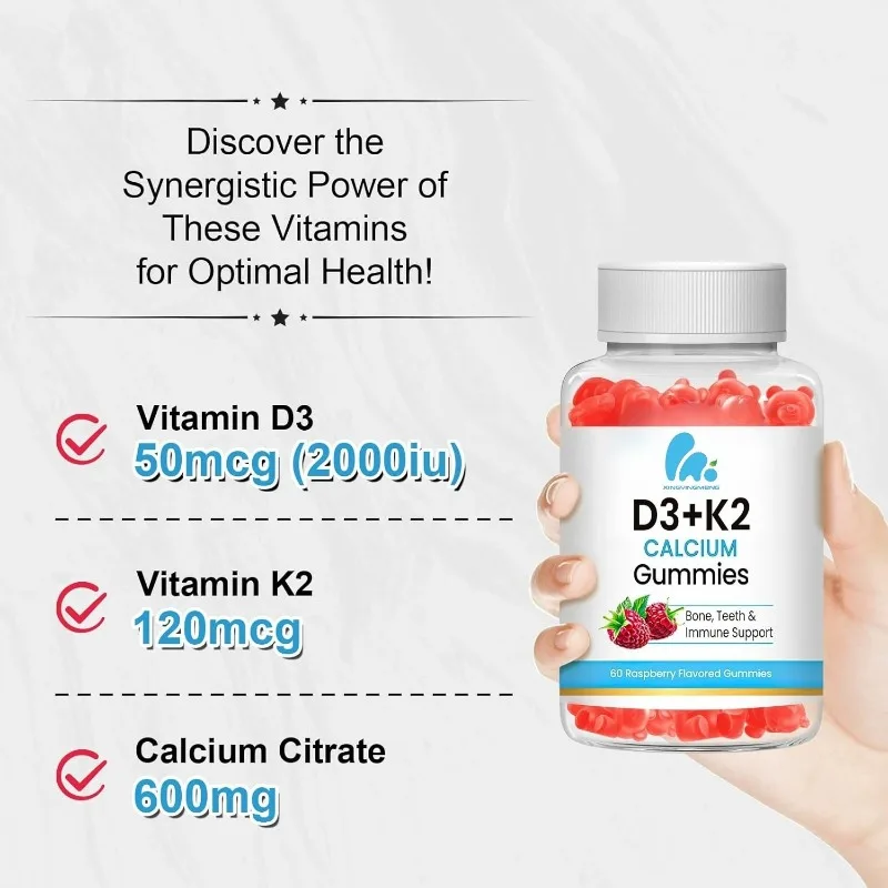 

Витамин D3 K2 60 жевательных конфет, Витамин D3 2000 МО, К2 (МК7) 120 мкг, кальций 600 мг, поддержка иммунитета здоровья