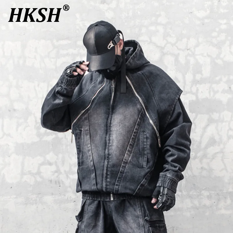 HKSH Men\'s Tide Dark Structure Design Heavy Weight Waste Land Denim Coat Fake Two-Piece Safari Style Zipper Jacket Hooded HK2535