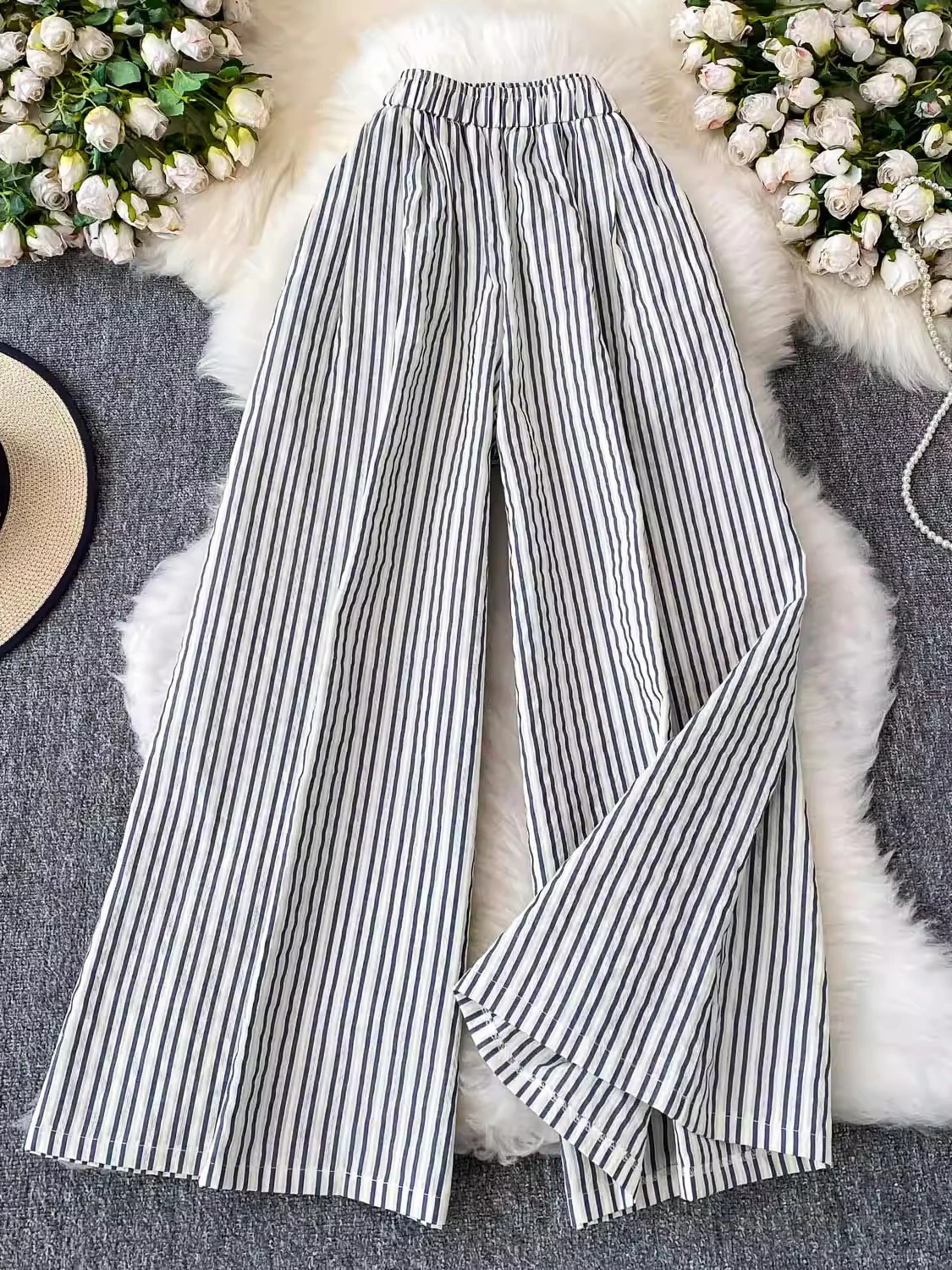 High Waist Striped Wide Leg Pants Women's Casual Loose Fit Korean Sle Straight Cut Nine Point Pants Summer 2025