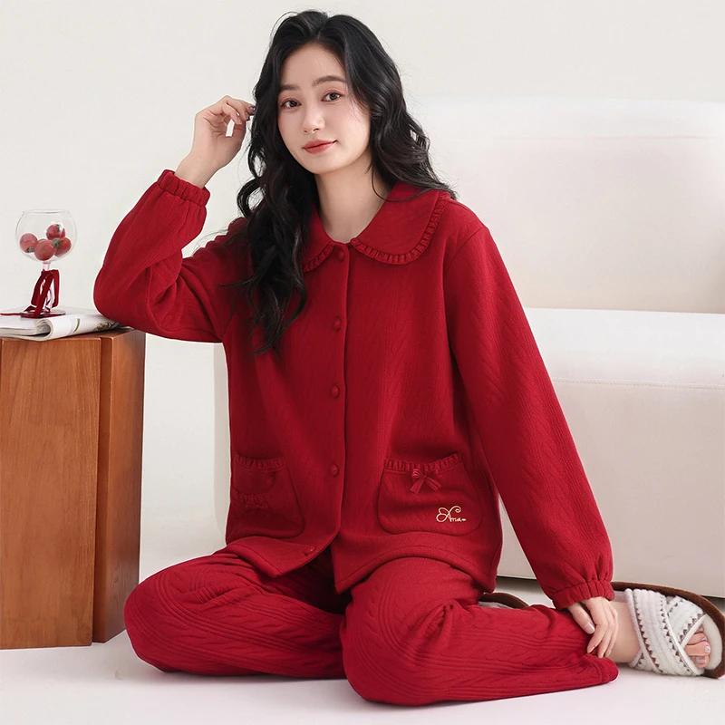 High Quality Winter Women Pajamas Set Air Clip Cotton Pijama Female Thick Turn-down Collar Sleepwear