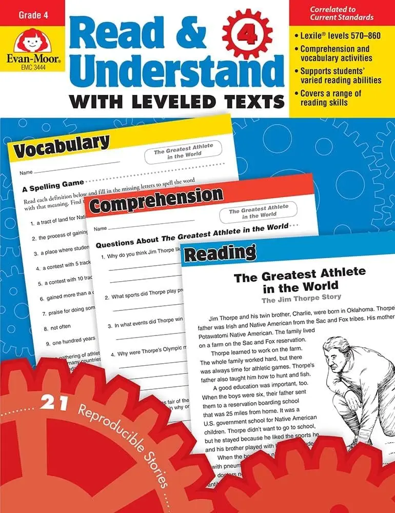 Evan-Moor Read & Understand with Leveled Texts, Grade 4 Workbook,aged 8 9 10 11, English book 9781608236732